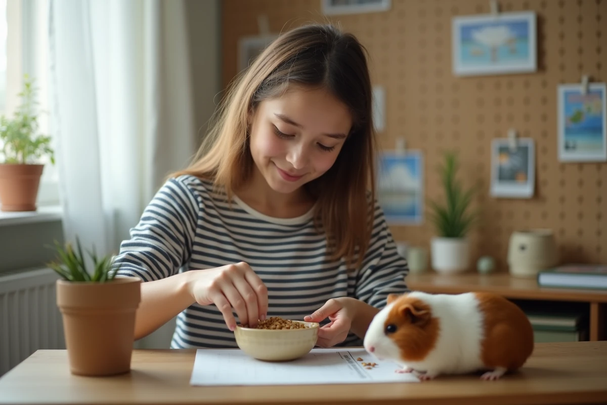 Adolescente nourrissant son cochon d'Inde avec soin dans une chambre décorée
