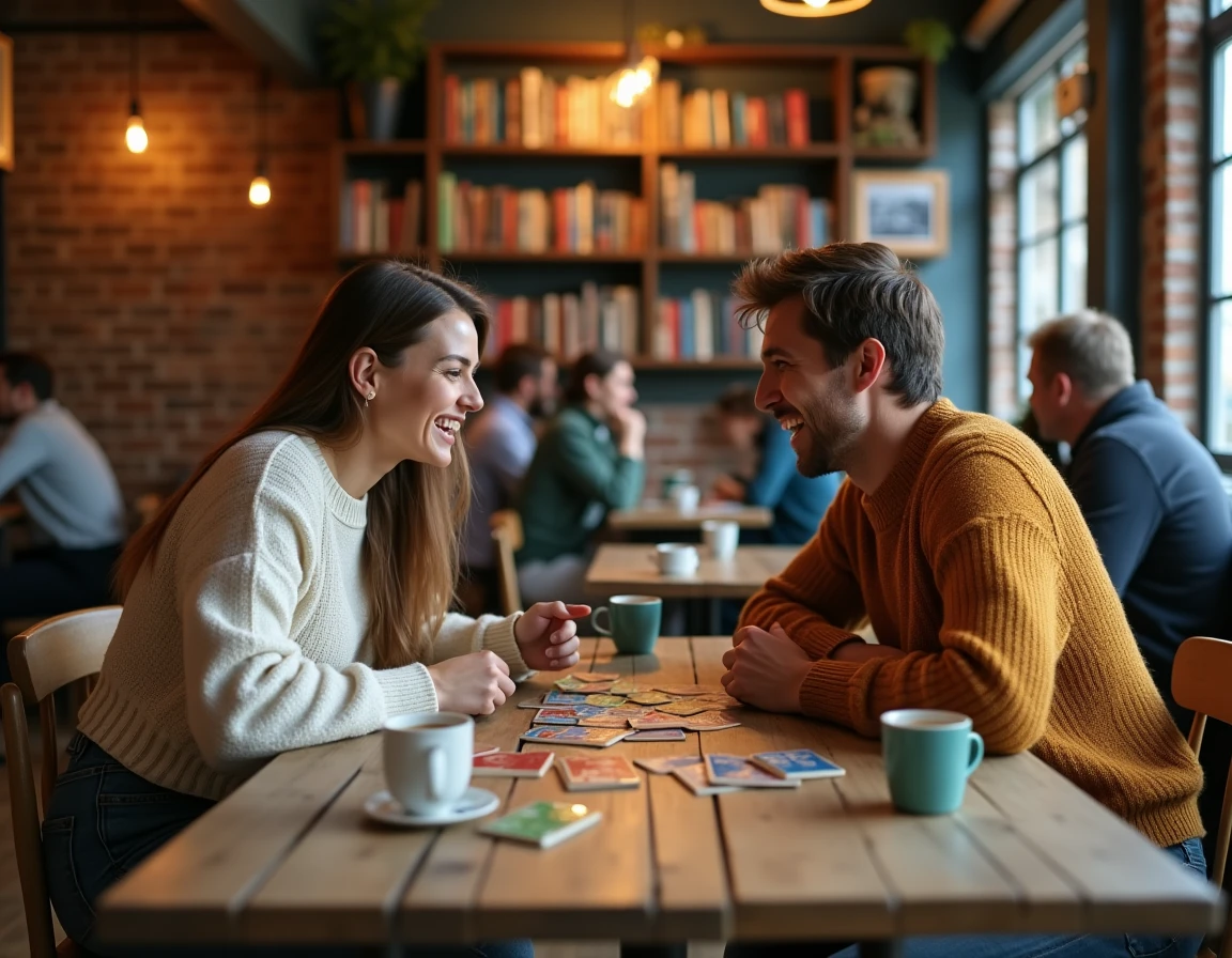 Deux amis jouant à un jeu de société dans un café vintage avec des étagères remplies de jeux