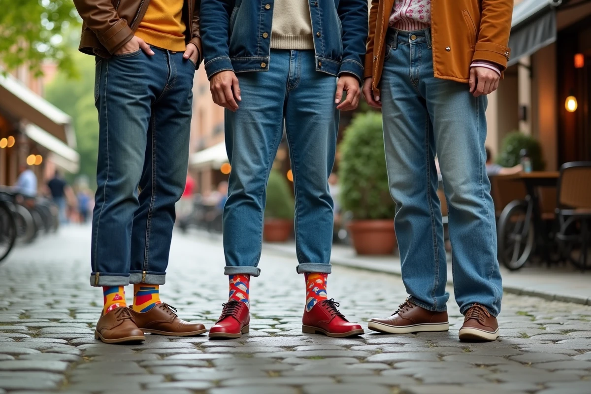 Trois amis avec chaussettes colorées dans une rue piétonne animée