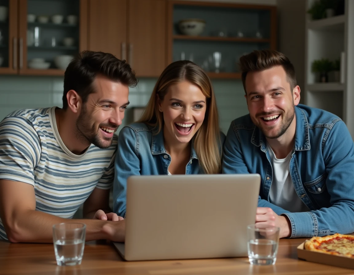 Groupe d'amis regardant un match de foot en streaming sur un ordinateur portable autour d'une table de cuisine