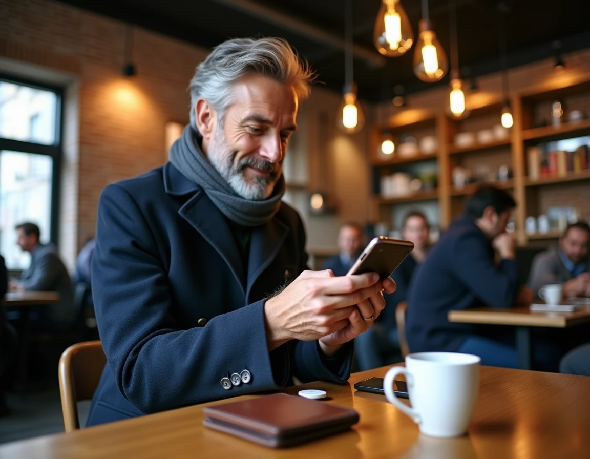 Homme consultant une application de localisation d'objets sur son téléphone dans un café urbain avec un tracker posé sur la table