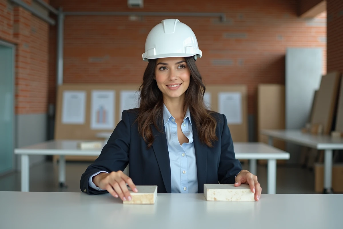 Jeune architecte analysant des blocs de parpaing et agglo