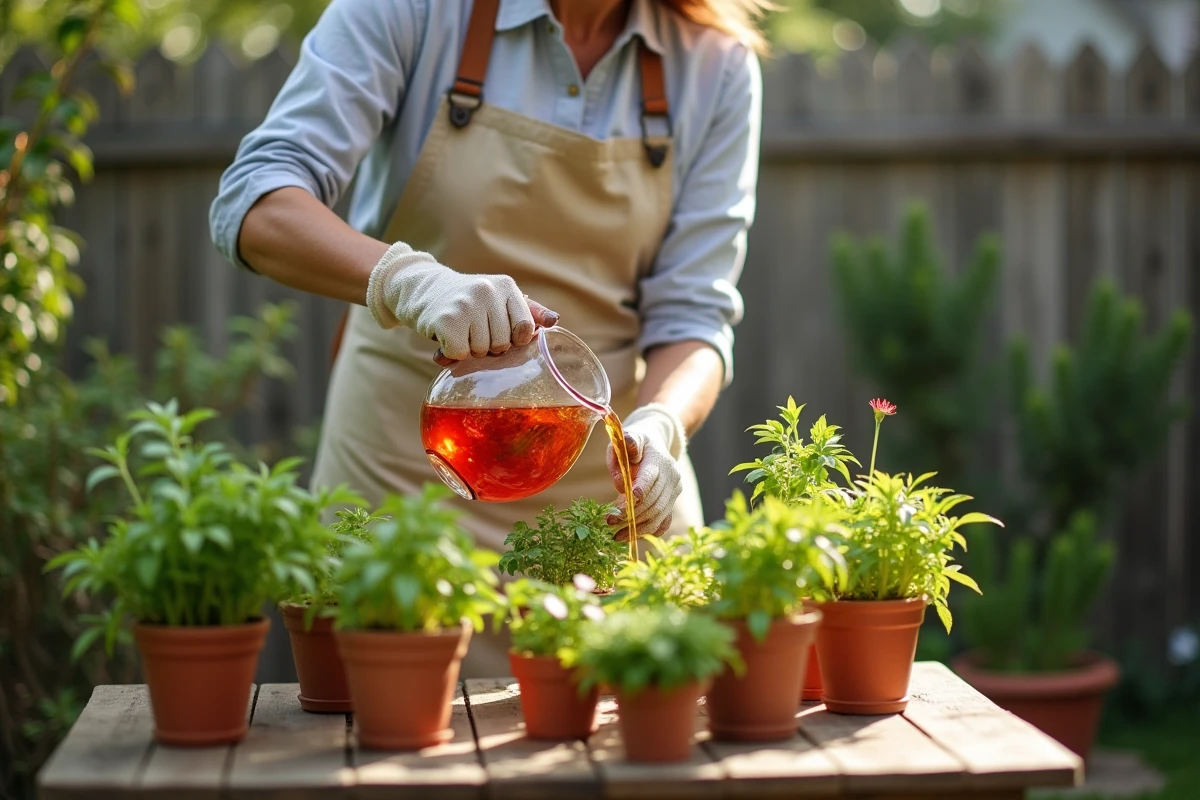Femme arrosant ses plantes en pot avec une solution d'eau et de paprika dans un jardin extérieur