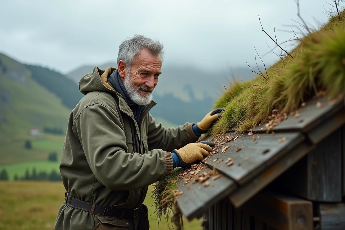 Artisan norvégien posant des couches de tourbe et d'écorce de bouleau sur un toit en herbe traditionnel en milieu rural