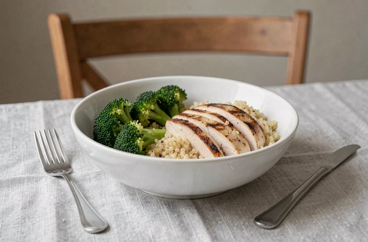 Assiette santé avec brocoli vapeur, blanc de poulet grillé et quinoa dans un bol en céramique blanche