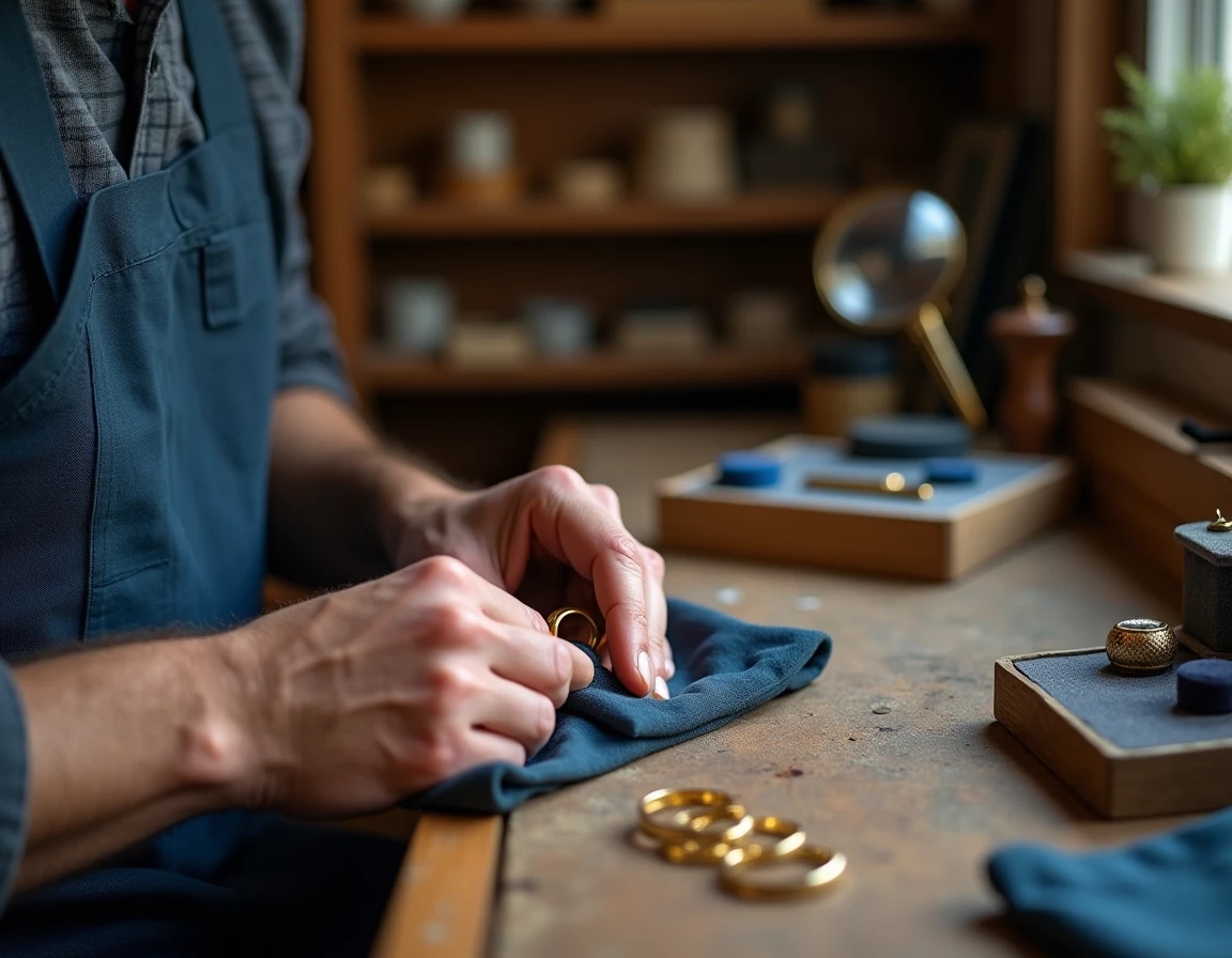 Bijoutier artisan polissant une bague gravée en or sur un établi de travail avec un chiffon de polissage