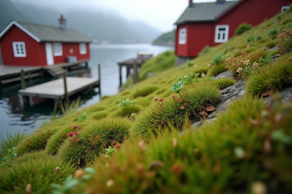 Gros plan sur un toit végétalisé norvégien avec biodiversité de plantes alpines, mousses et sedums dans un village côtier