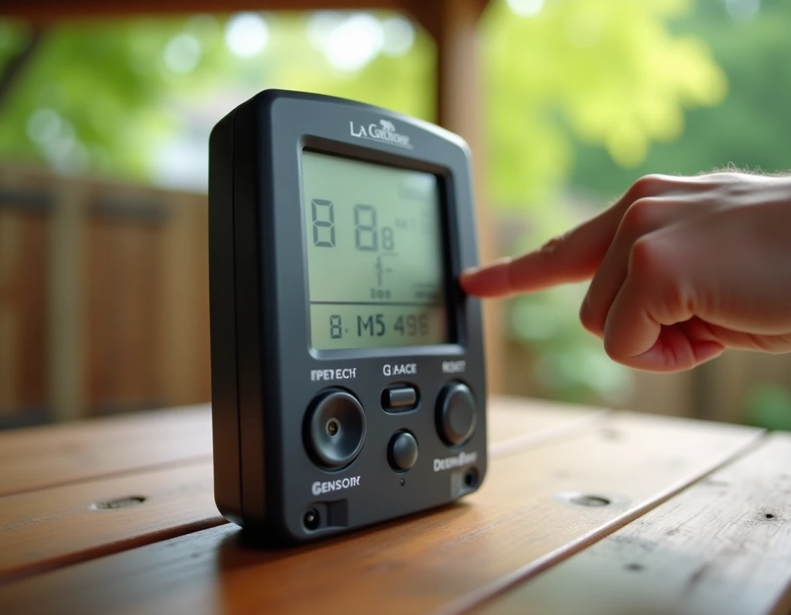 Gros plan sur le bouton de réinitialisation de la station météo La Crosse Technology WD9541 posée sur une table de jardin
