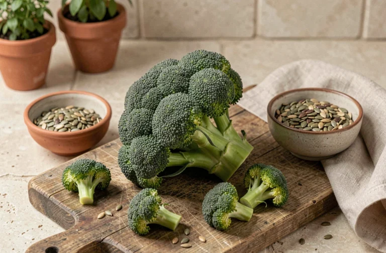 Brocoli frais sur une planche en bois rustique avec des graines dans un bol en céramique, vue du dessus en cuisine