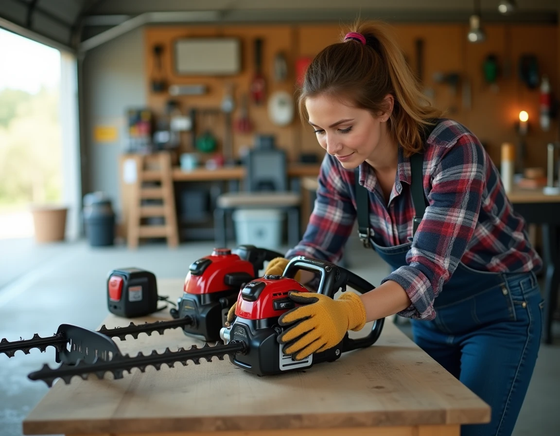 Femme comparant deux modèles de débroussailleuses dans un atelier de garage pour choisir le meilleur outil de jardinage