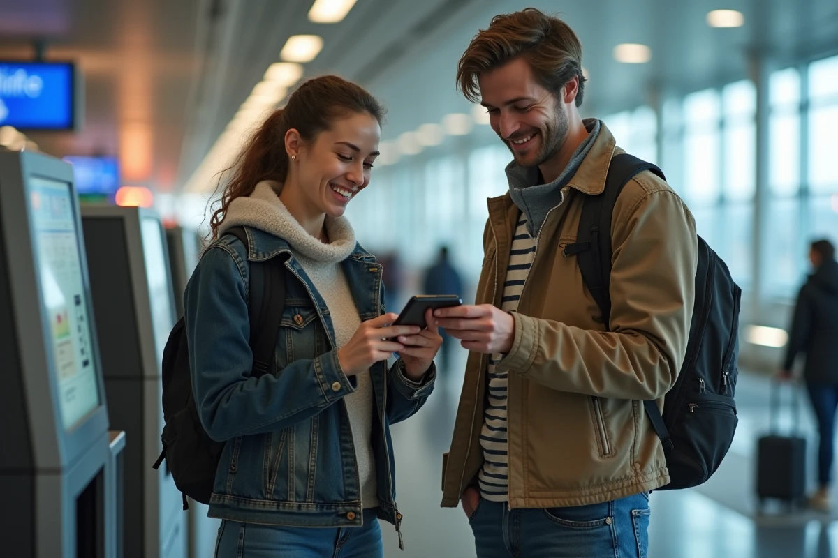 Jeune couple utilisant la borne d
