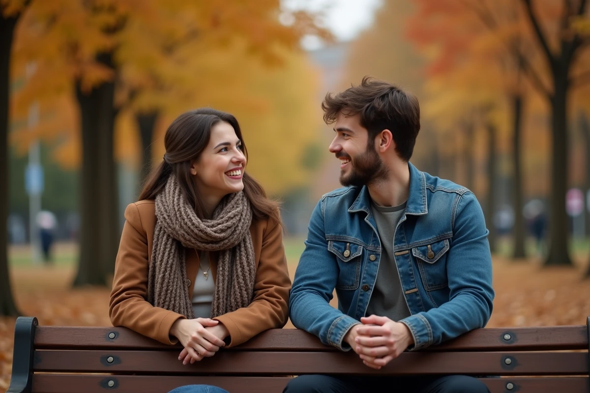 Couple en début de relation dans un parc en automne, illustrant la différence d'attachement émotionnel entre femme et homme en amour