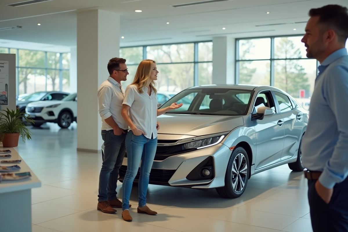 Couple discutant avec un vendeur devant une voiture dans un concessionnaire