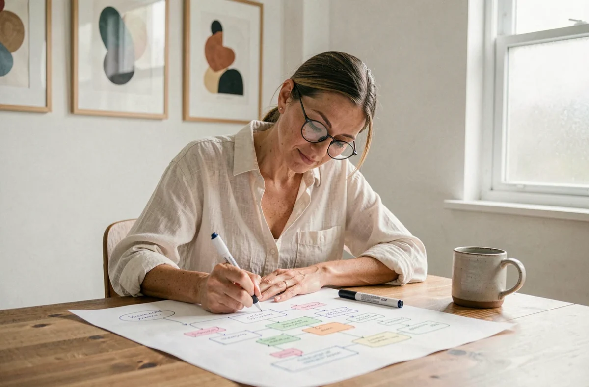 Femme créant un sitemap pour un site d'art sur papier avec des marqueurs colorés dans un studio minimaliste