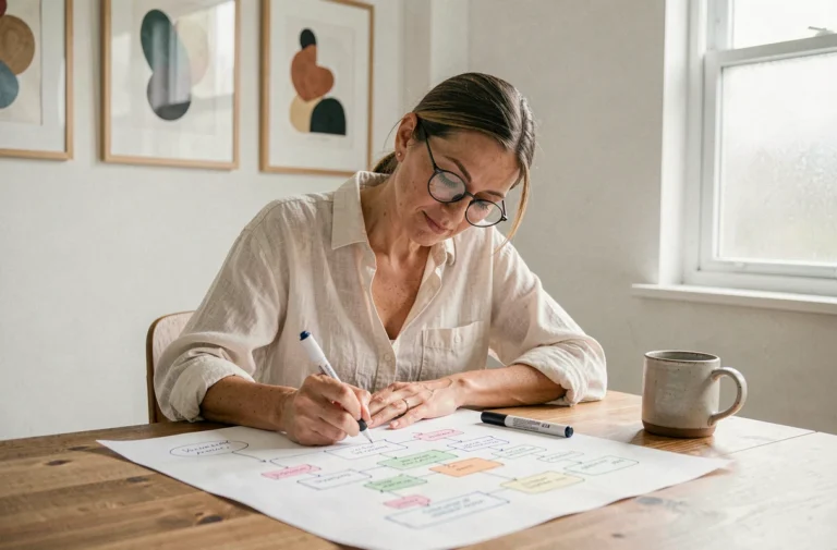 Femme créant un sitemap pour un site d'art sur papier avec des marqueurs colorés dans un studio minimaliste