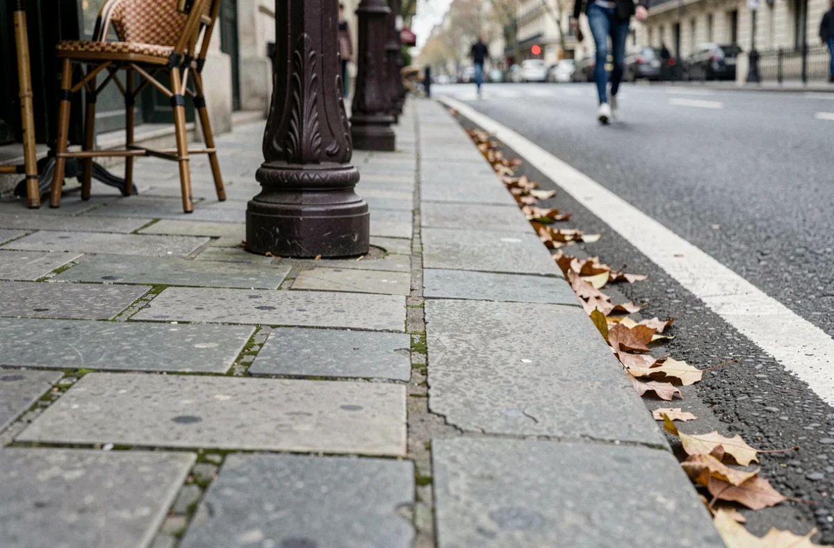 Détail d'un trottoir parisien propre et entretenu avec pavés et caniveau en pierre