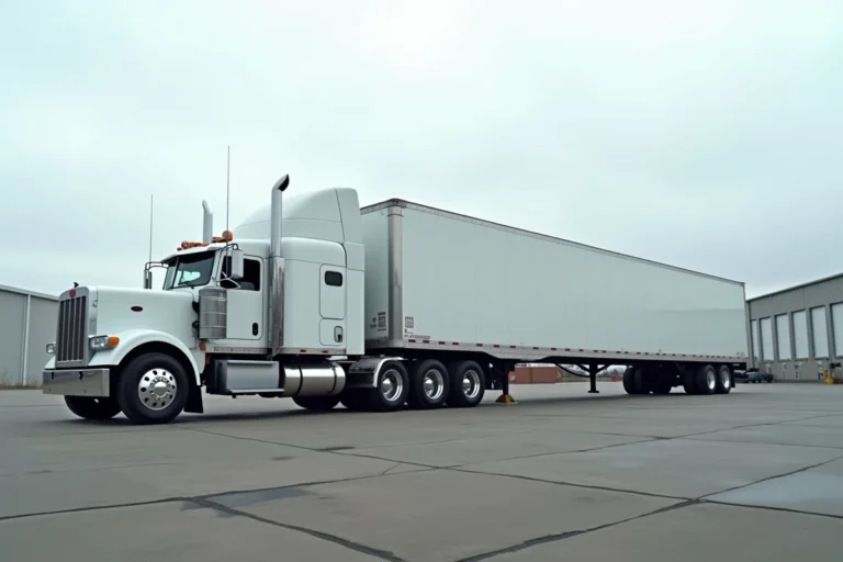 Vue grand angle d'un camion semi-remorque blanc garé dans une cour industrielle, montrant ses dimensions complètes et ses multiples essieux