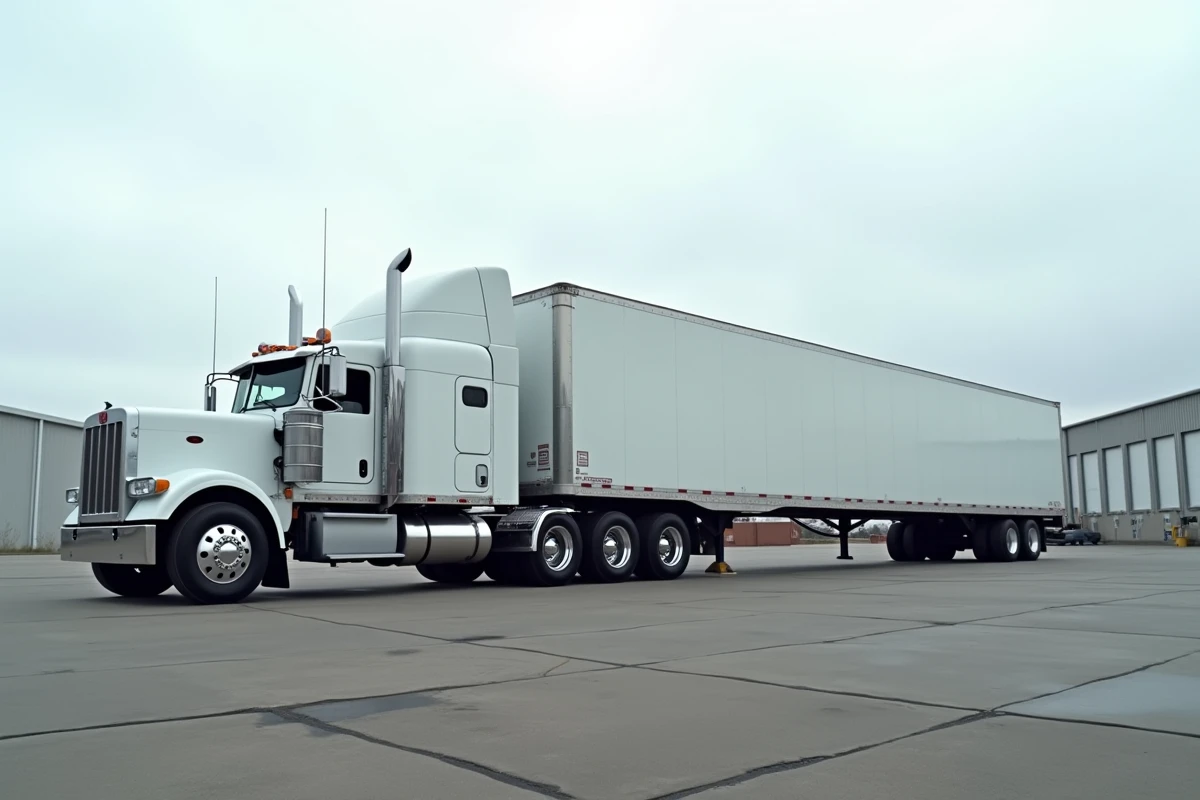 Vue grand angle d'un camion semi-remorque blanc garé dans une cour industrielle, montrant ses dimensions complètes et ses multiples essieux