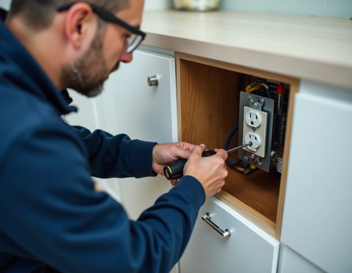 Électricien professionnel installant une prise de courant dédiée pour micro-ondes dans un meuble de cuisine selon les normes électriques en vigueur