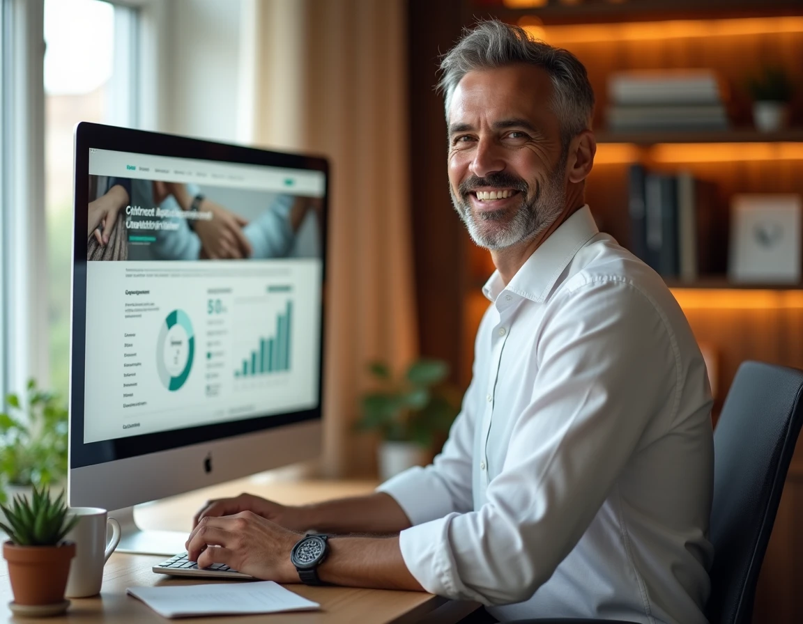 Chef d'entreprise analysant les statistiques de visibilité en ligne et les performances de communication digitale sur son ordinateur