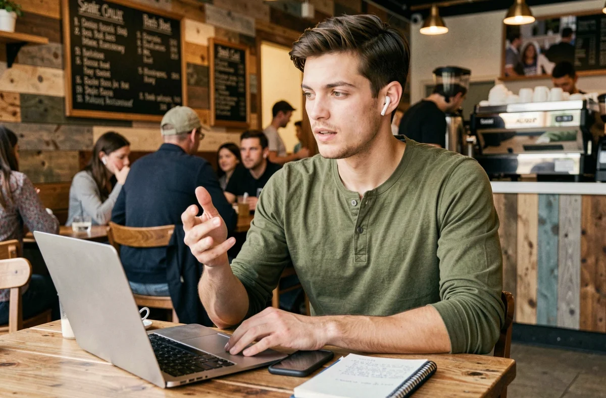 Jeune entrepreneur en appel vidéo dans un café, gérant son réseau professionnel à distance
