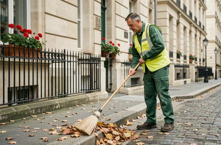 Agent municipal balayant le trottoir parisien devant des immeubles haussmanniens en automne