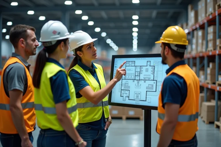 Equipe logistique en réunion autour d'un plan de warehouse