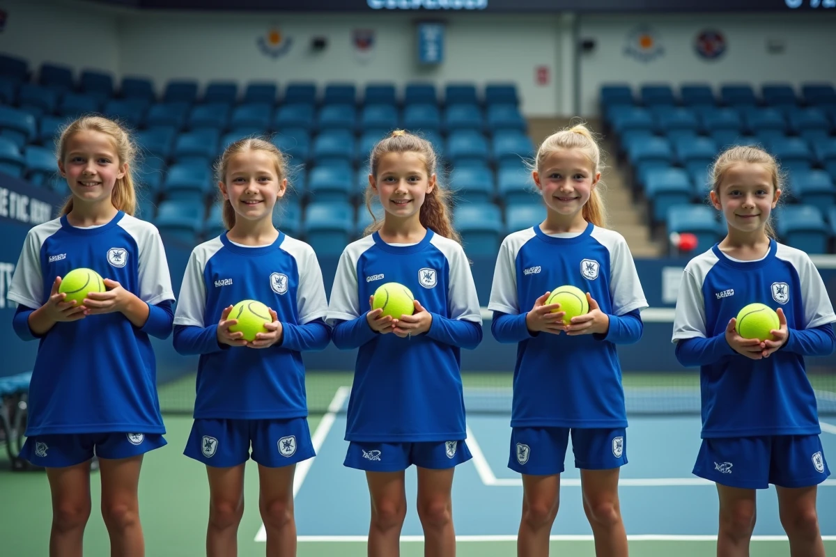 Équipe de ramasseurs de balles en uniforme officiel alignés au bord d'un court de tennis en salle avant un match professionnel