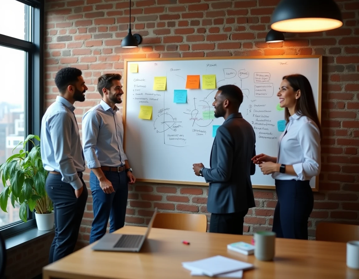 Équipe marketing collaborant autour d'un tableau blanc pour élaborer une stratégie de communication d'entreprise efficace