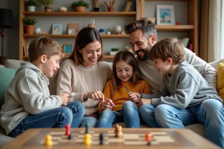 Jeune couple jouant à un jeu de société avec leurs enfants