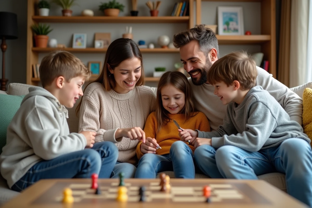 Jeune couple jouant à un jeu de société avec leurs enfants