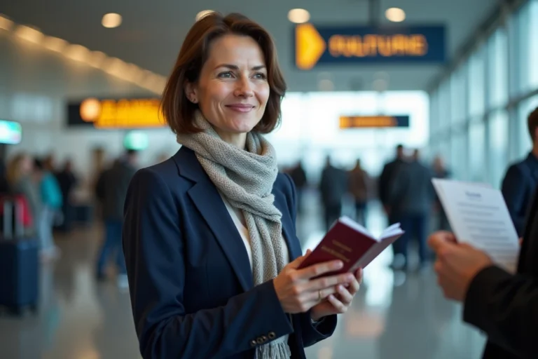 Femme à l'aéroport avec passeport et billet