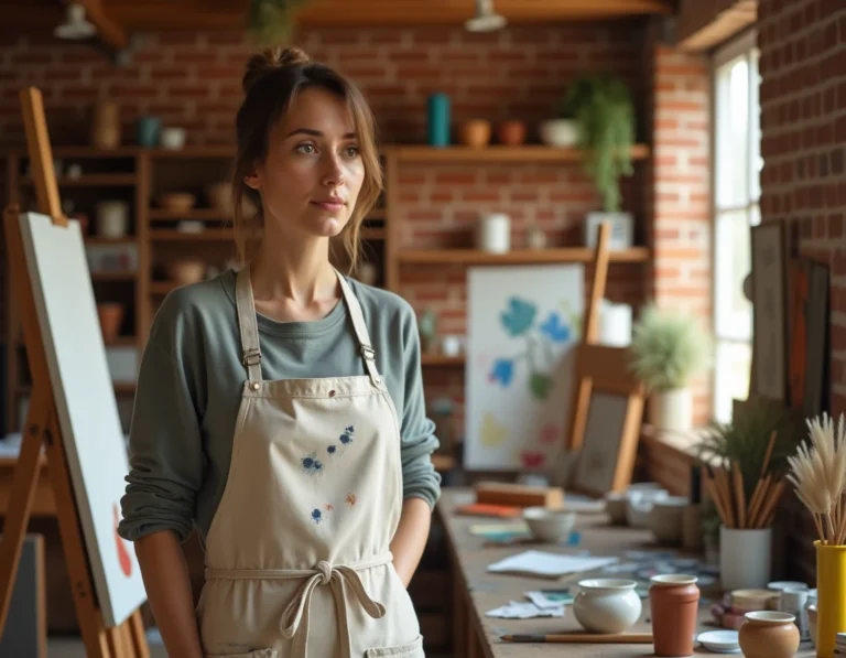 Femme artiste peignant sur une toile dans un atelier créatif avec des murs en briques et des pinceaux colorés