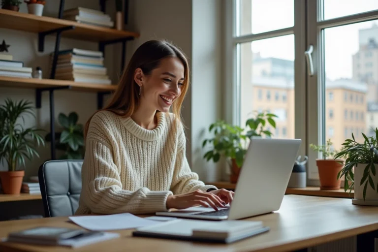 Jeune femme souriante travaillant sur son ordinateur dans un bureau