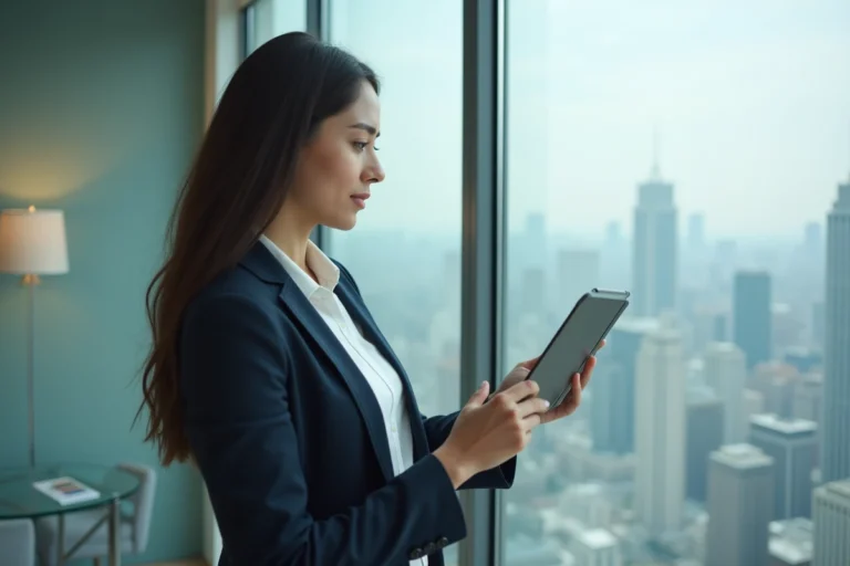 Femme en blazer utilisant une tablette dans un bureau moderne