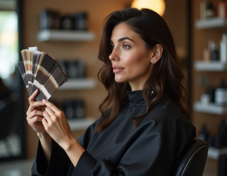 Femme à la carnation olivâtre comparant des nuances de couleur de cheveux dans un salon de coiffure professionnel