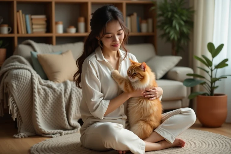 Jeune femme tenant tendrement un chat roux dans un salon chaleureux et douillet