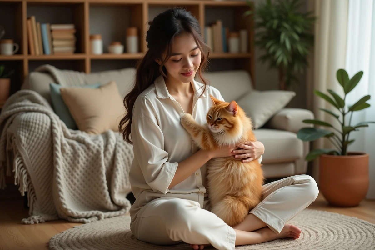 Jeune femme tenant tendrement un chat roux dans un salon chaleureux et douillet