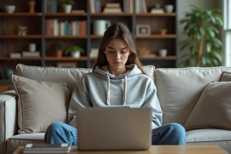 Jeune femme regardant un ordinateur dans un salon cosy