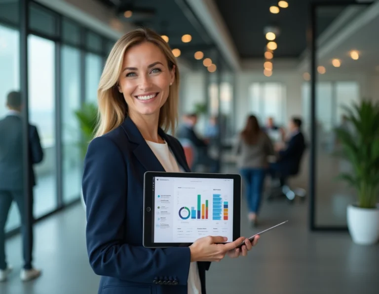 Femme cheffe d'entreprise tenant une tablette avec des graphiques de performance pour booster la visibilité de son entreprise