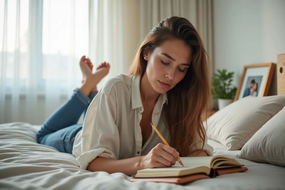 Femme allongée sur son lit écrivant dans un journal intime, symbolisant l'introspection émotionnelle et l'attachement rapide en amour