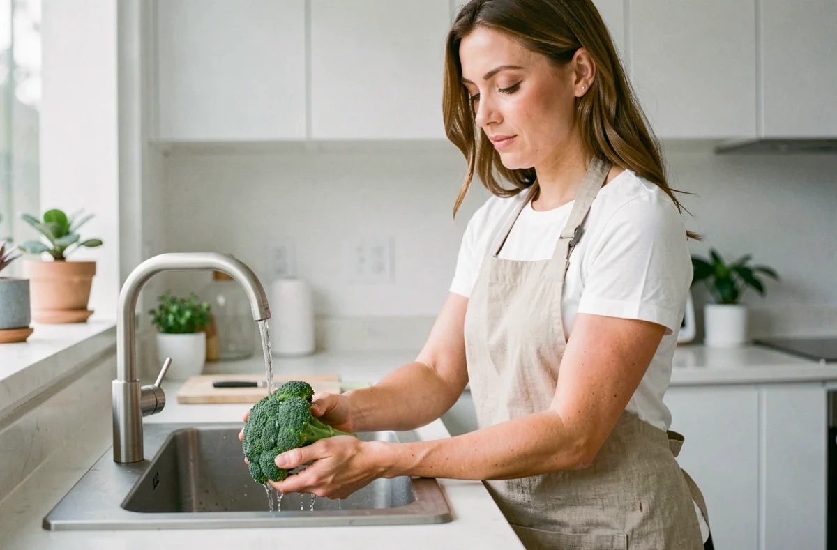 Femme lavant un brocoli sous l'eau du robinet dans une cuisine moderne minimaliste