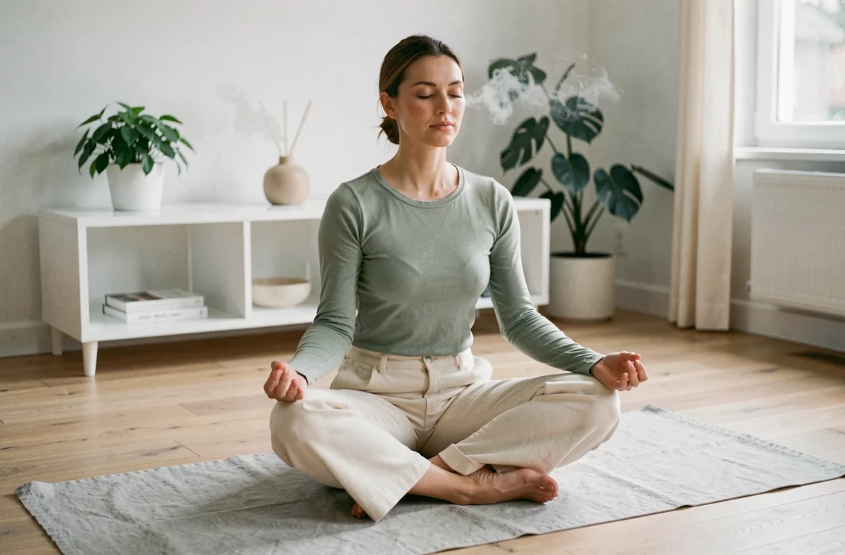 Femme pratiquant la méditation en position assise sur un tapis de yoga dans un salon minimaliste et apaisant