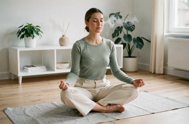 Femme pratiquant la méditation en position assise sur un tapis de yoga dans un salon minimaliste et apaisant