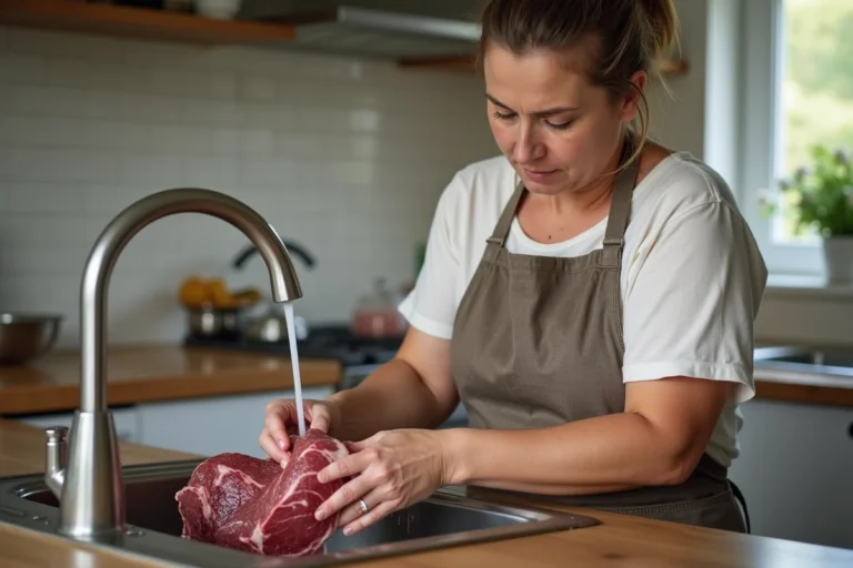 Femme en tablier nettoie une langue de boeuf dans l'évier