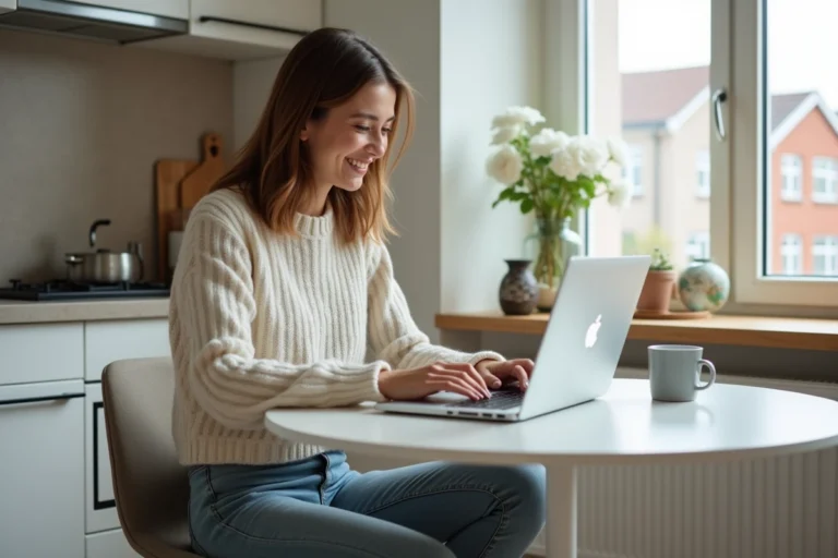 Jeune femme souriante utilisant un ordinateur pour rechercher des biens