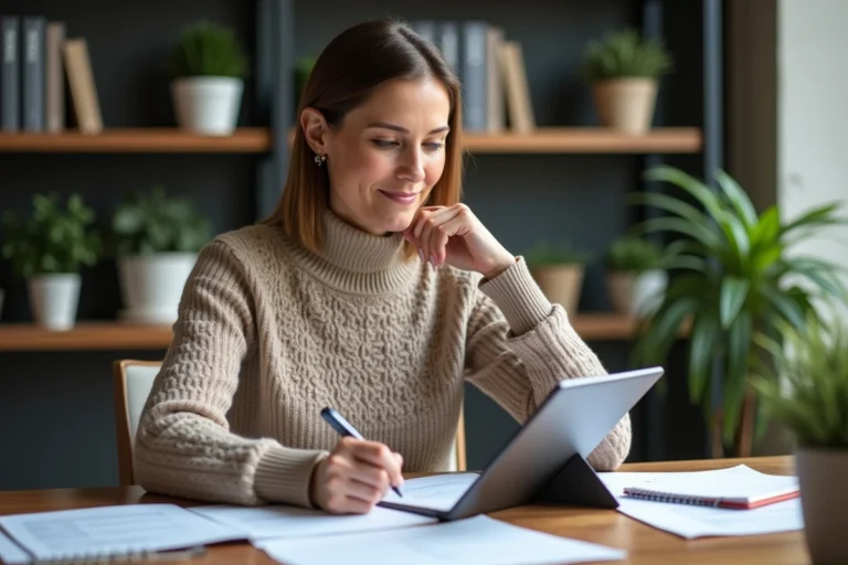 Femme d'âge moyen en bureau moderne examine documents financiers