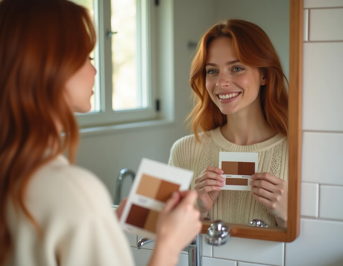 Femme à la peau claire et aux taches de rousseur choisissant une couleur de cheveux adaptée à sa carnation froide devant un miroir