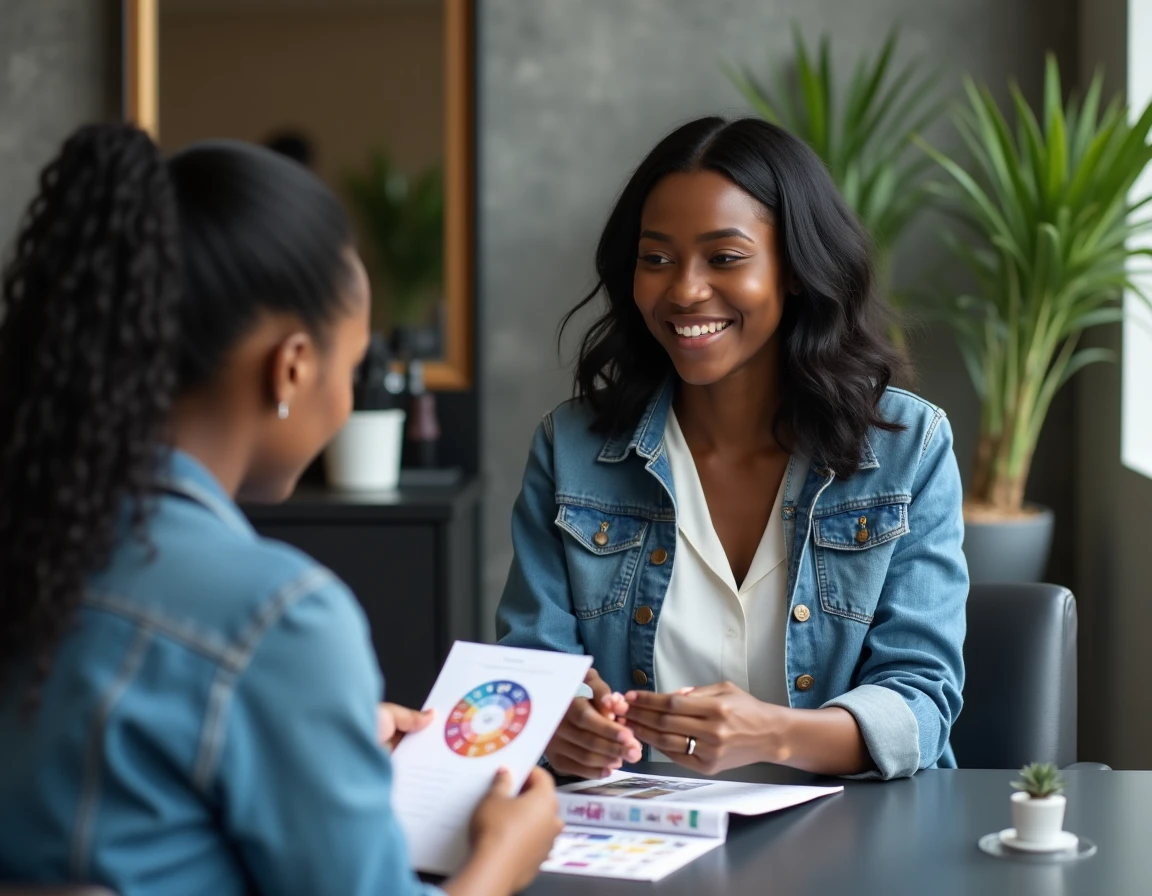 Femme à la peau ébène consultant une coloriste professionnelle pour choisir la teinte de cheveux idéale selon sa carnation