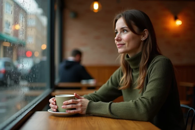 Femme pensive seule dans un café tenant une tasse, illustrant la réflexion émotionnelle féminine et l'attachement affectif en amour